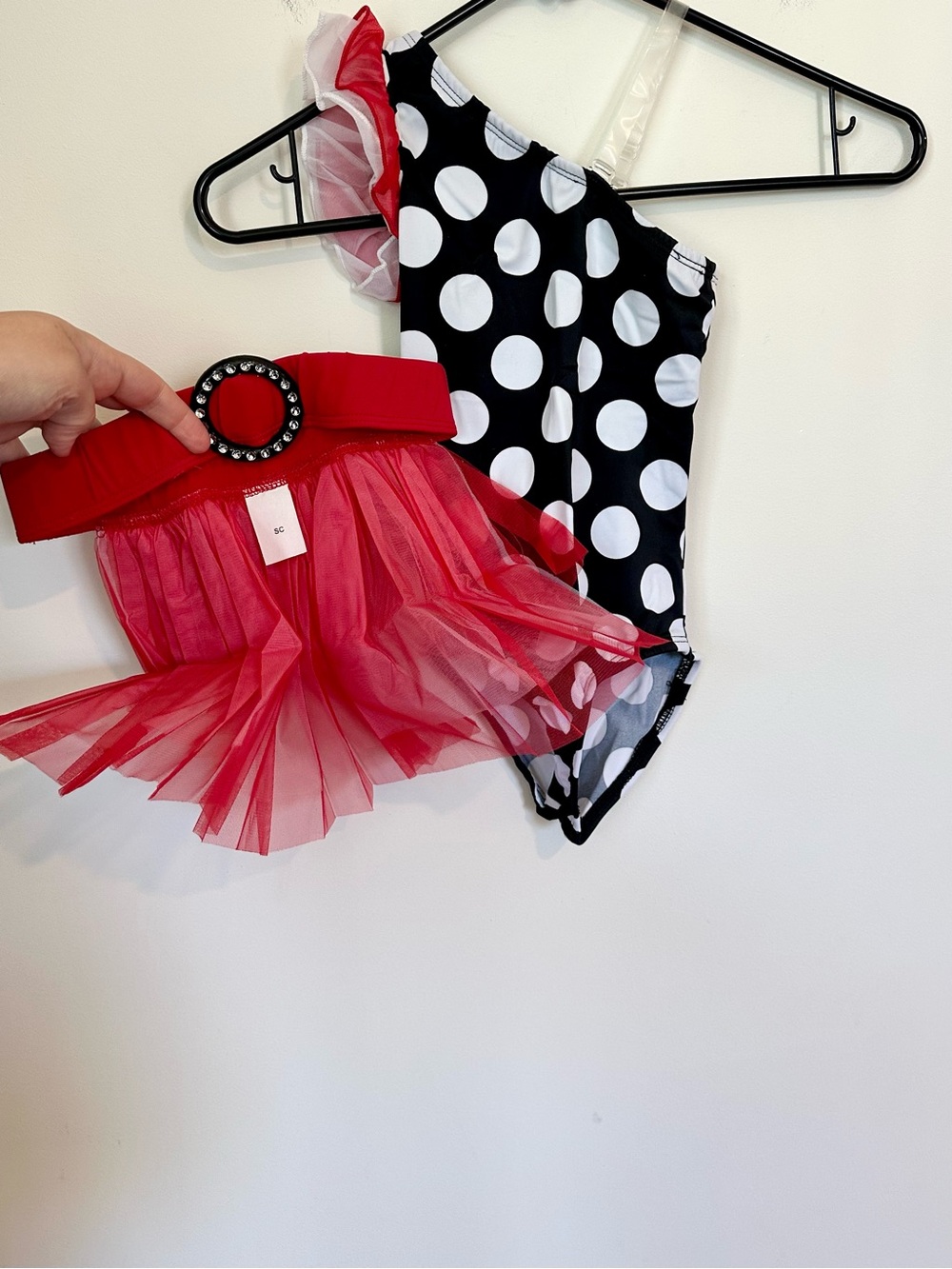 NEW Black & White Polka Dot One-Shoulder Dance Leotard with Red Tutu Skirt